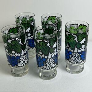 Set Of 5 Vintage 1970's Libbey Drinking Glass Tumbler Grapes Grapevine Pop Art